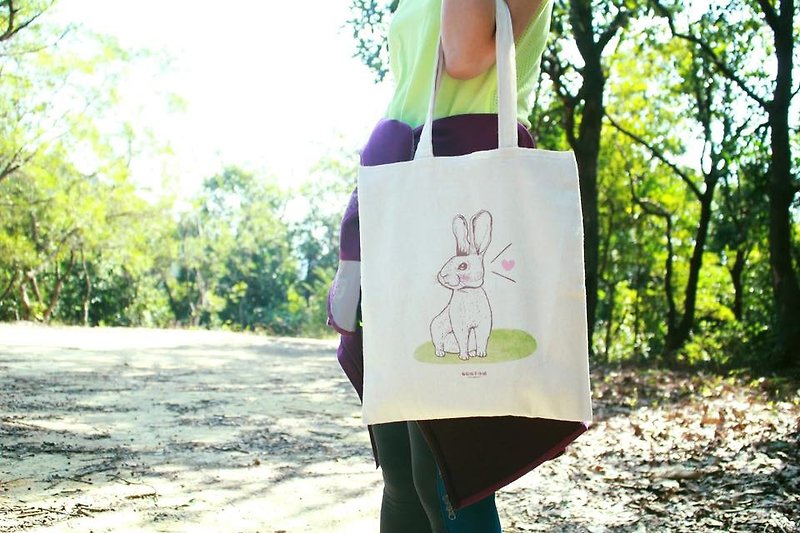 【Animal Series】#3 Curious Bunny Canvas Bag - กระเป๋าแมสเซนเจอร์ - วัสดุอื่นๆ ขาว