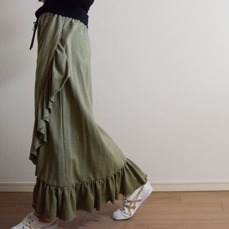 ミニ裏毛クロスフリルマキシスカート ライトカーキ　受注制作 - スカート - コットン・麻 グリーン