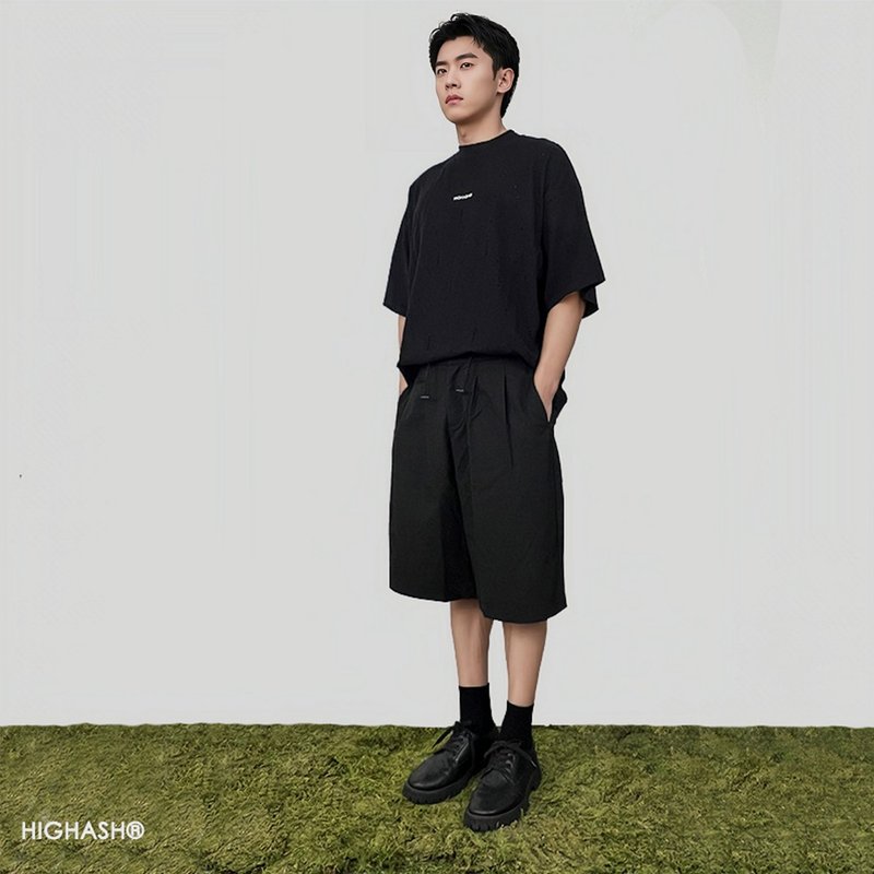 24ss230g破壞破洞LOGO半高小領口寬松短袖T恤HIGHASH高級灰 - 男 T 恤 - 棉．麻 黑色