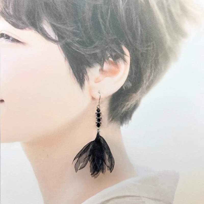 Nocturna 夜行性立體感多層黑水晶銀黑耳環 - 耳環/耳夾/耳骨夾 - 其他材質 黑色