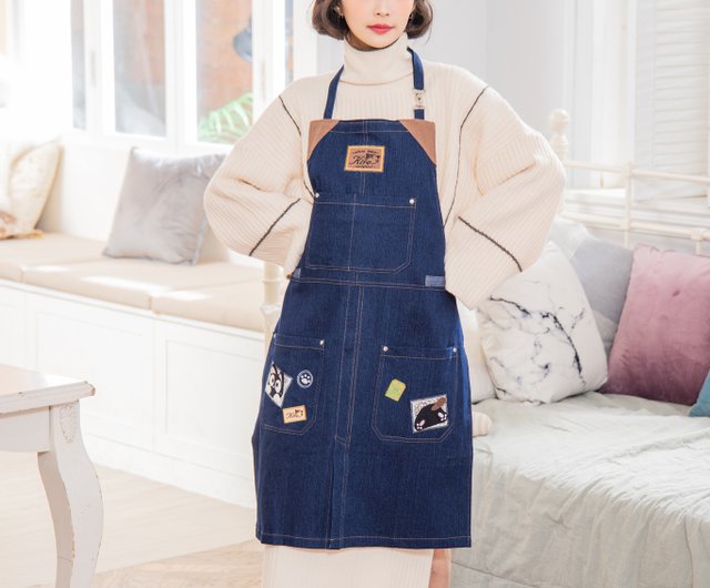 Kiro cat】Little black cat industrial style denim apron/kitchen