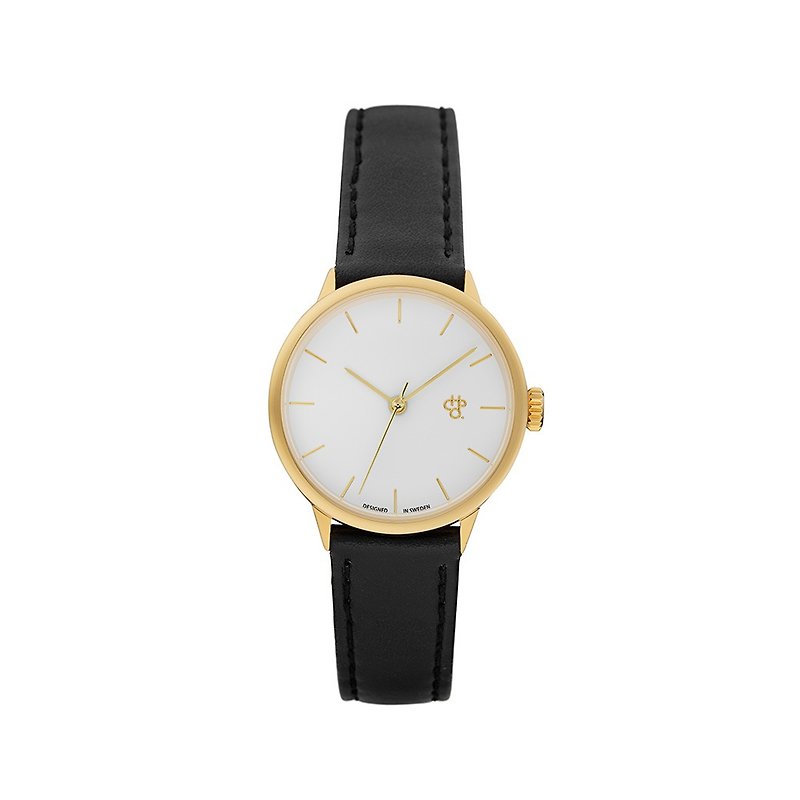 Chpo Brand 瑞典品牌 - Khorshid Mini系列 金白錶盤黑皮革 手錶 - 女錶 - 人造皮革 黑色