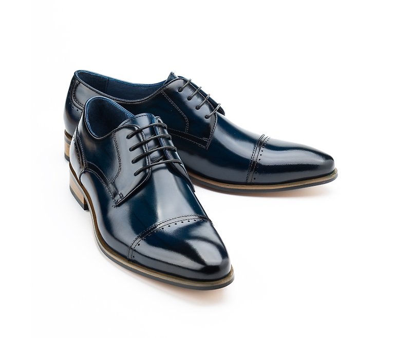 Pointed Toe Brushed Horizontal Derby Blue - Men's Leather Shoes - Genuine Leather 