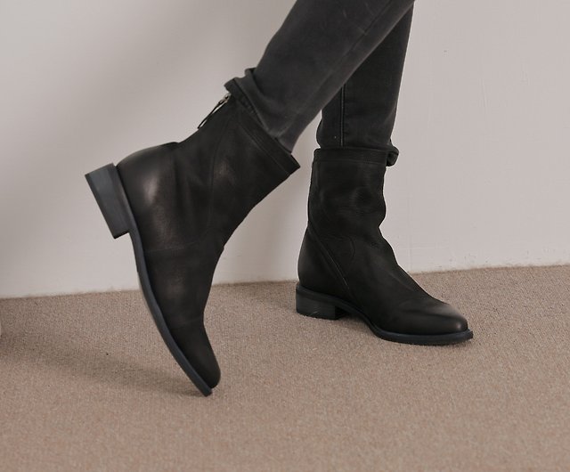 Diagonal Zipper - Pointed Toe High Heel Boots - Black - Shop no216