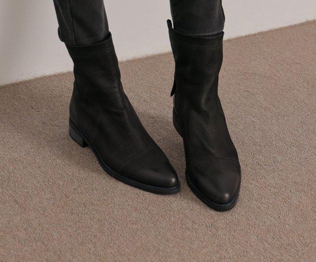 Diagonal zipper-pointed toe high-heeled boots-black - Shop no216