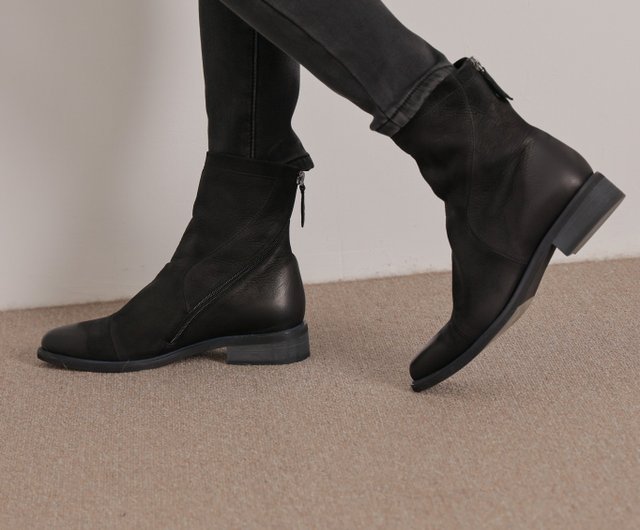 Diagonal zipper-pointed toe high-heeled boots-black - Shop no216