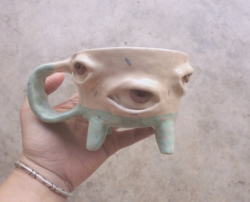 Handmade ceramic mug many eye in white with blur leg  :) - Pottery & Ceramics - Pottery White