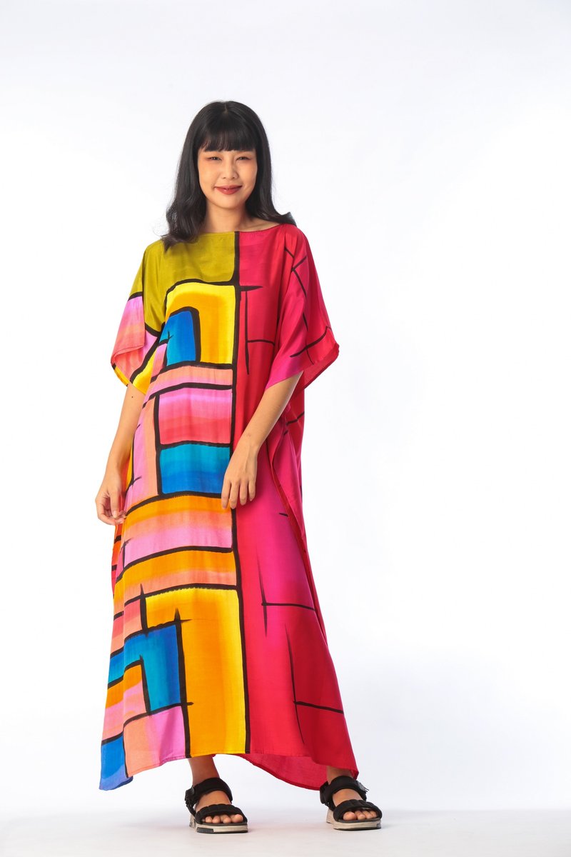 Hand Painted Cotton Silk Kaftan for Summer Resort Vacation F - 洋裝/連身裙 - 棉．麻 紅色
