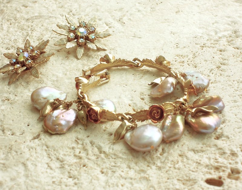 ・アンティークは、真珠のブレスレットをバラ - ブレスレット - その他の素材 ピンク