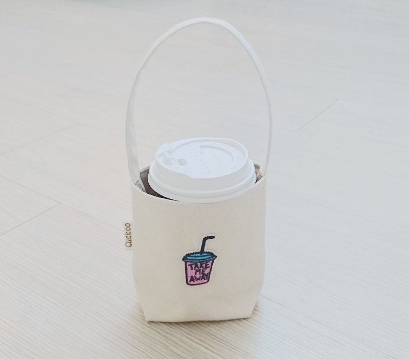 Eco-friendly storage bag beverage coffee tote bag embroidery beverage cup - ถุงใส่กระติกนำ้ - ผ้าฝ้าย/ผ้าลินิน 