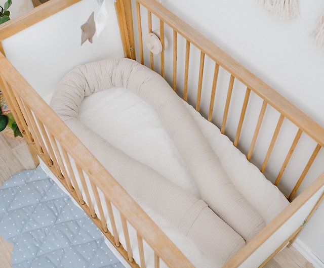 cocoon handmade double-sided cotton with Oeko-Tex baby cot bumper grey waffle piqué and rabbit pattern, 90 x 50 cm Baby nest newborn cot bumper baby