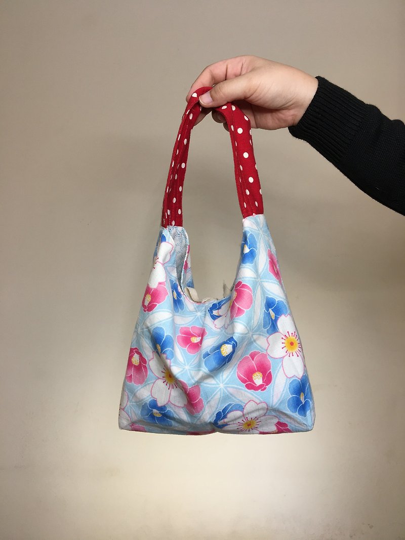 Cotton & Hemp Other Blue - My-Mom-Made small reversible hobo handbag with overall plum blossoms graphic