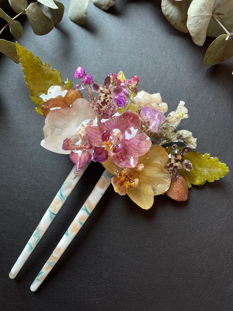 手工乾燥花樹脂髮夾－優雅自然風格的髮飾/蘭花首飾 - 髮夾/髮圈 - 樹脂 多色