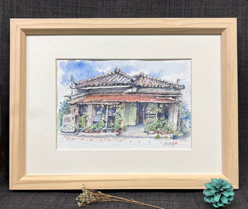 沖繩小食堂/手繪原創淡彩畫/作品含木框32×24公分 - 裝飾/擺設  - 紙 