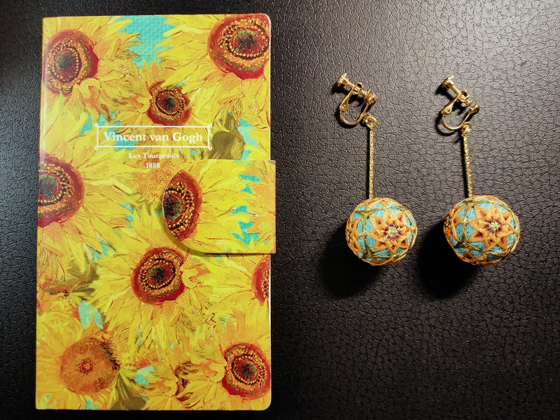 [Ink Shadow] Famous Painting Series--Van Gogh Sunflower Temari Ball Earrings - Earrings & Clip-ons - Thread 