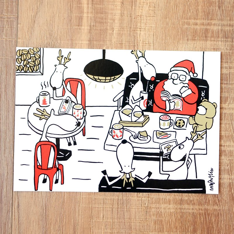 クリスマスカード-2018サンタとエルクのデイリーポストカードNo.5：コーヒータイム - カード・はがき - 紙 ゴールド
