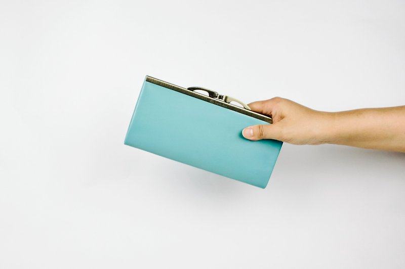 Leather Wallet, Kisslock Frame Purse, Long Wallet,Tiffany blue - กระเป๋าสตางค์ - หนังแท้ สีน้ำเงิน