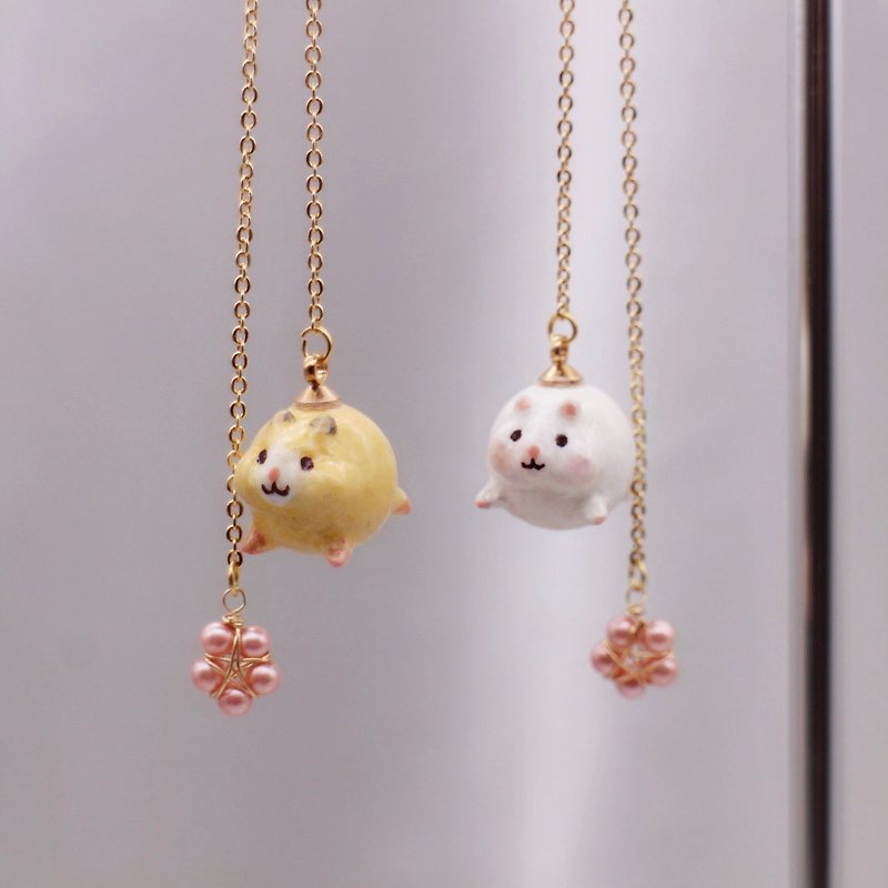 Cherry blossom & Hamster | A pair of  Earrings or Earclips - ต่างหู - ดินเหนียว 