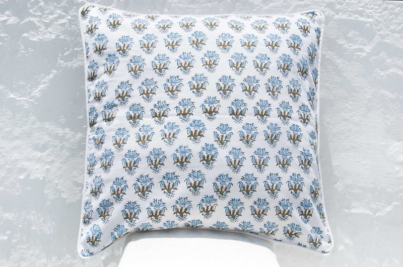Handmade woodcut printed pillowcase cotton pillowcase handmade printed hug pillowcase - French romantic blue flowers - Pillows & Cushions - Cotton & Hemp Multicolor