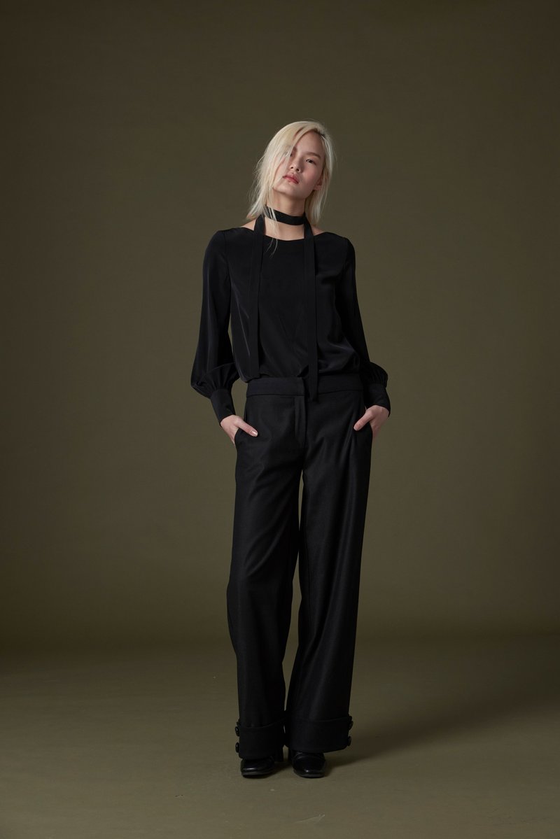 Off-season sale 黑色下擺扣子裝飾褲 - 女長褲 - 羊毛 黑色