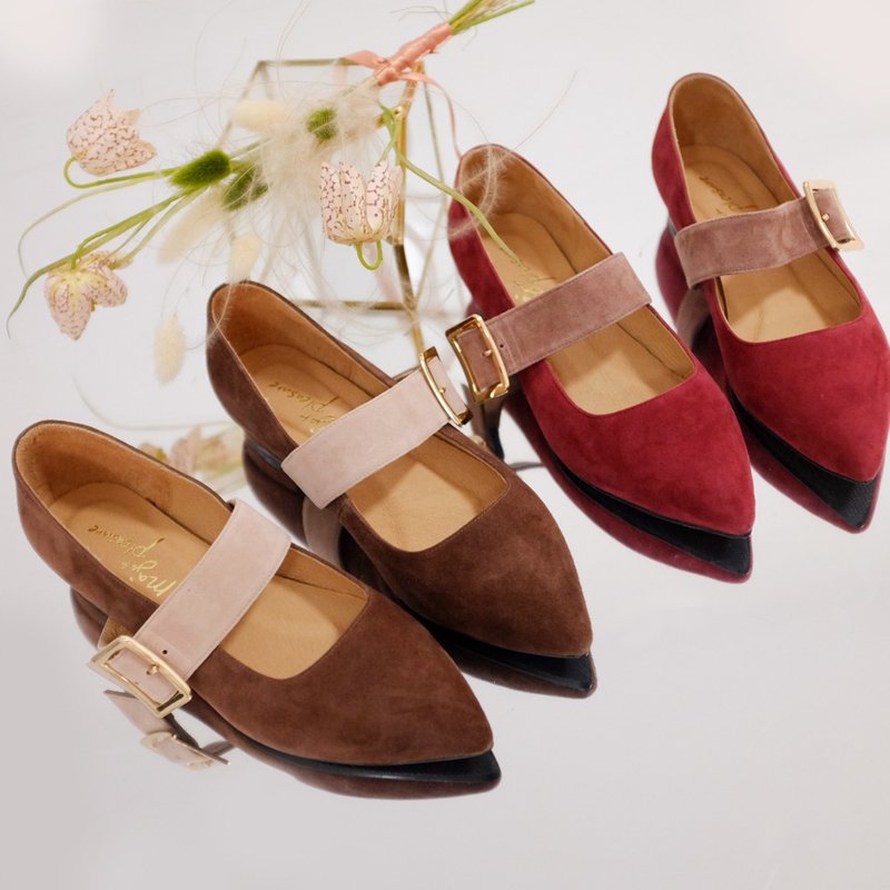 Light Gemstone color matching! Retro wide strap pointed toe shoes coffee MIT full leather-flower amber - รองเท้าบัลเลต์ - หนังแท้ สีนำ้ตาล