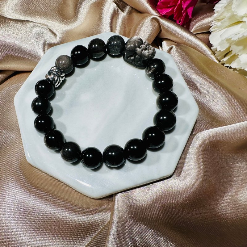 銀曜石貔貅 水晶手鍊 招財 驅邪 避煞 能量 送禮 禮物 客製化 - 手鍊/手環 - 水晶 黑色