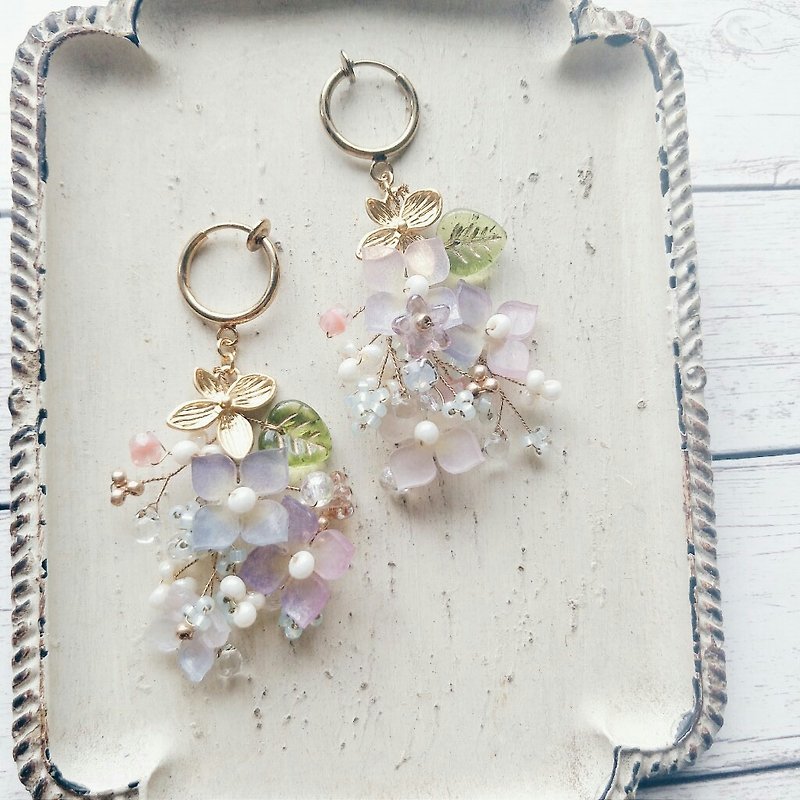 Momolico peach lily earrings gorgeous bouquet hydrangea can be changed - Earrings & Clip-ons - Other Materials Purple