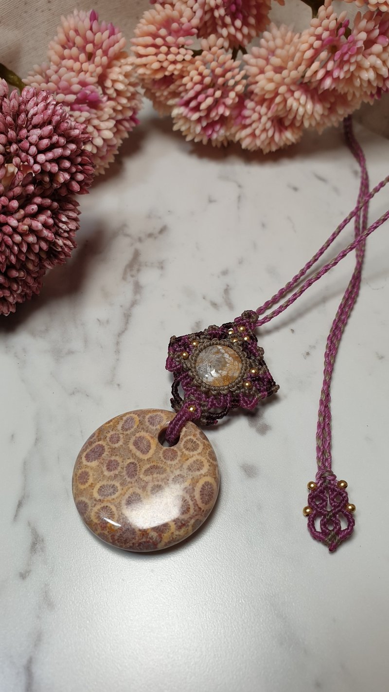 JC02珊瑚玉包石南美蠟線編織項鍊 - 項鍊 - 其他材質 紫色