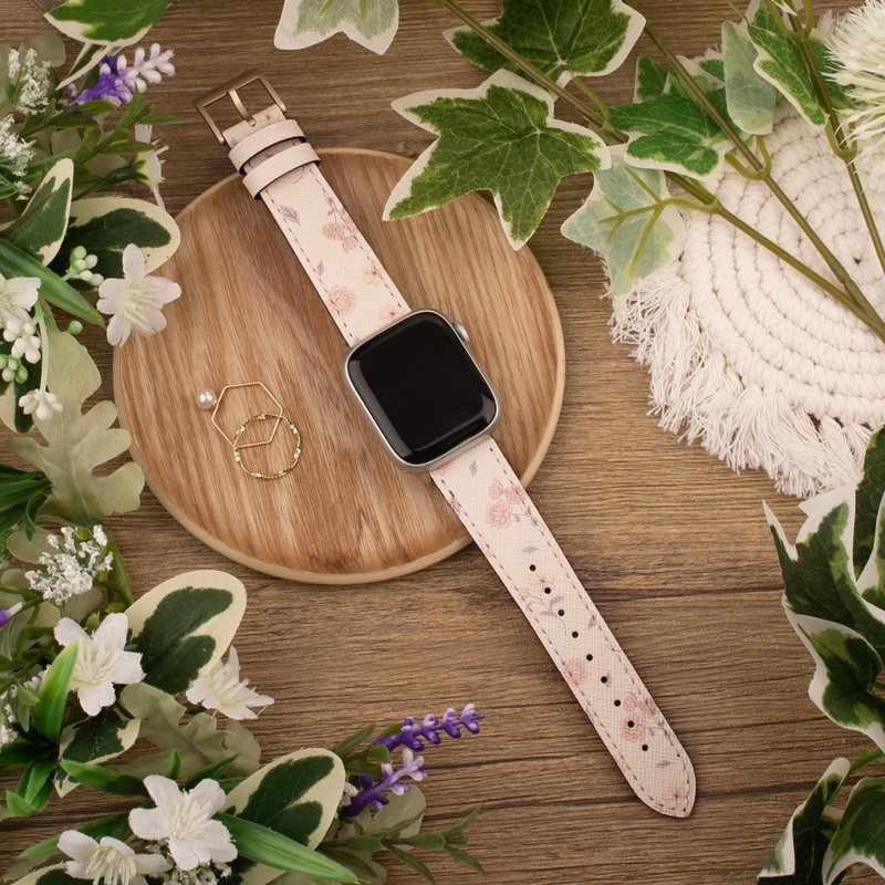 Pink Flower Blossom Beige Calf Leather Apple Watch Strap 4/5/6/7/8/9/10/SE/Ultra - สายนาฬิกา - หนังแท้ สีกากี