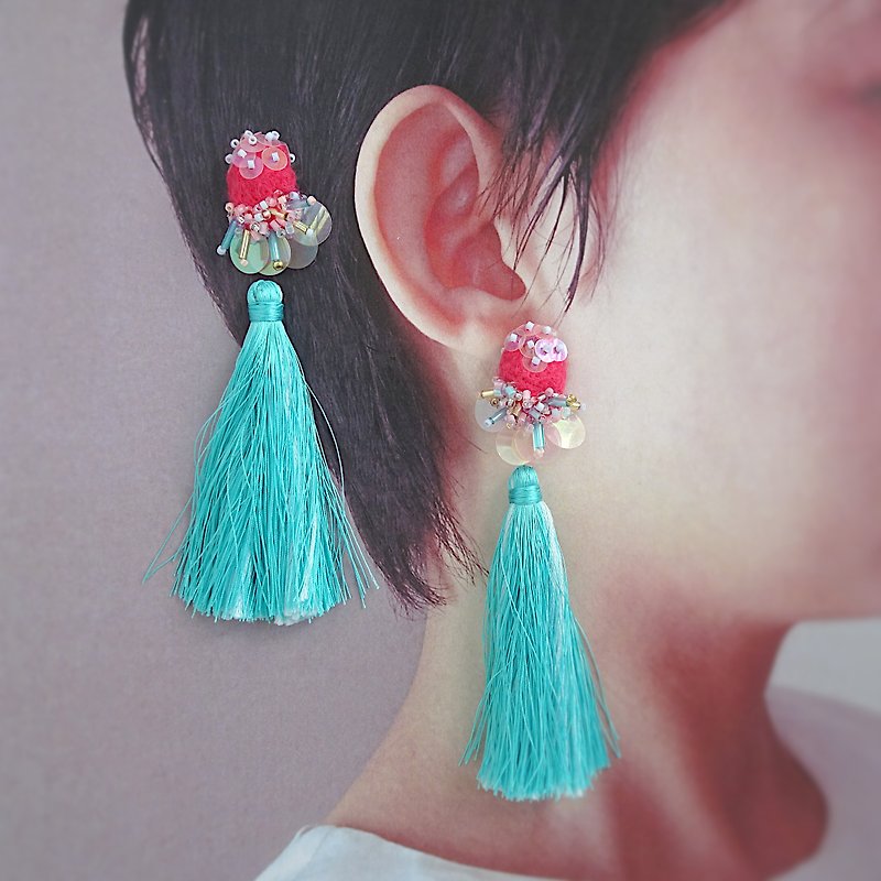Silk and cotton tassel  with wool and bead embroidery Choice of hardware - Earrings & Clip-ons - Thread Blue