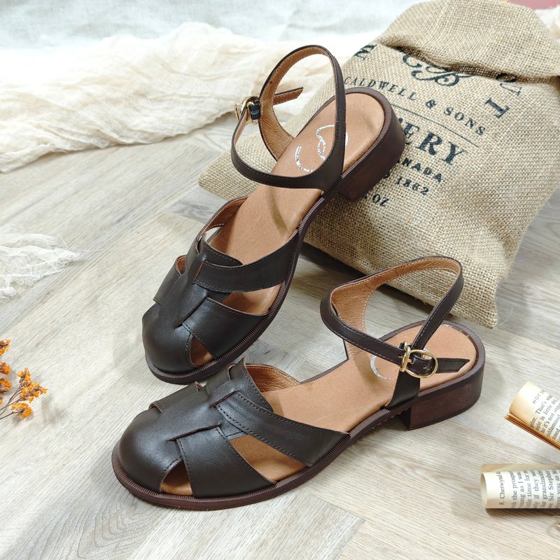 Taiwan handmade genuine leather women's leather shoes sandals Roman shoes low heel casual shoes wide last large size sandals - Ka - Sandals - Genuine Leather Brown