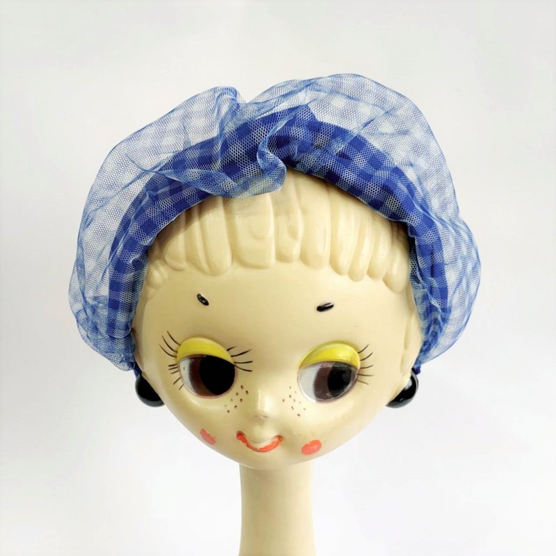Petitbebe ~藍格子網紗交錯髮帶 - 髮夾/髮圈 - 棉．麻 藍色