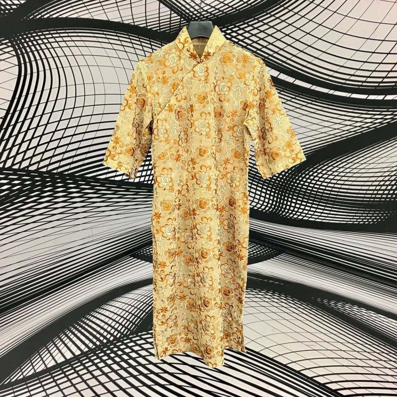 Second-hand antique custom-made Brown coffee embroidery thin five-quarter sleeve cheongsam CA404 - ชุดเดรส - เส้นใยสังเคราะห์ สีนำ้ตาล