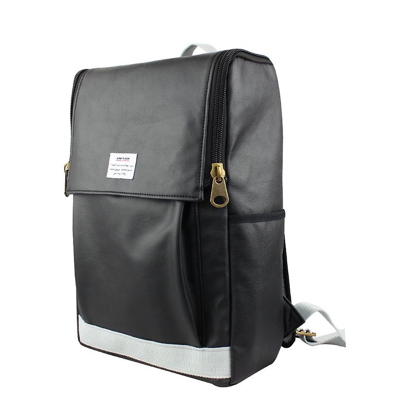 AMINAH-Black Personalized Backpack【am-0295】 - กระเป๋าเป้สะพายหลัง - หนังเทียม สีดำ