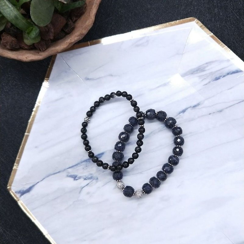 [The only product] sapphire ore + black chalcedony * pure silver beads bracelet - Bracelets - Semi-Precious Stones Blue