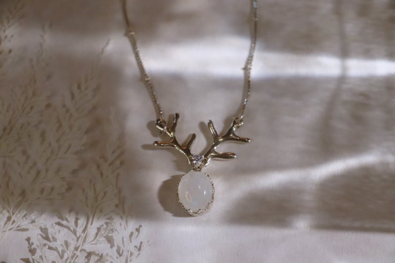 Deer in the Moonlight-Natural Moonstone Antler Necklace - Necklaces - Sterling Silver Silver