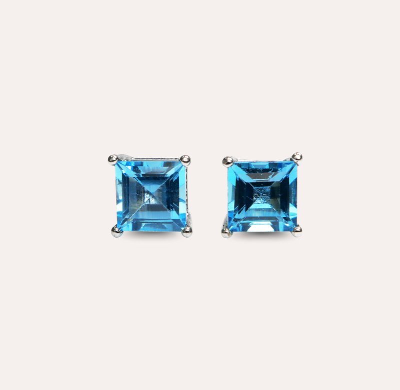 Amber Stone Blue Square 6mm Earrings Classic Series Square E Gemstone Silver Jewelry - Earrings & Clip-ons - Silver Blue