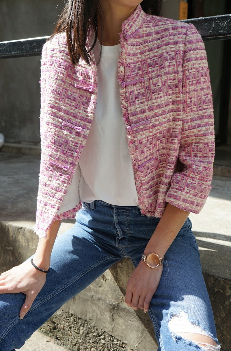 ショッキングピンクの花唐装スーツコート - チャイナドレス - コットン・麻 ピンク