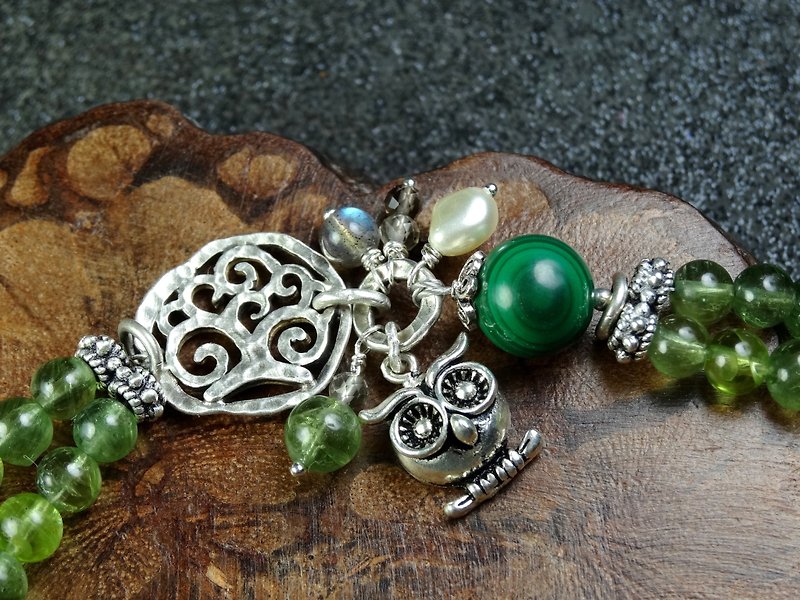 Bracelet, Green Apatite, Malachite, Owl, Tree, Sterling Silver, Handmade Jewelry - Bracelets - Gemstone Green
