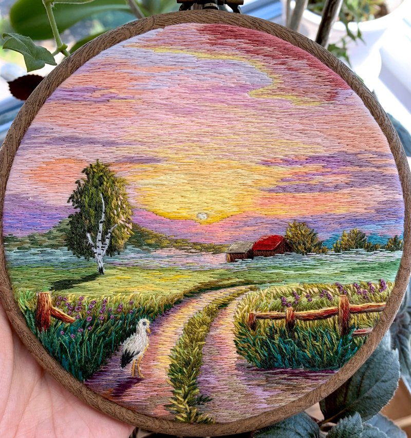 Sunset Landscape Embroidery Artwork, Thread Painting, Hand Embroidery Art 5.5 - 壁貼/牆壁裝飾 - 繡線 