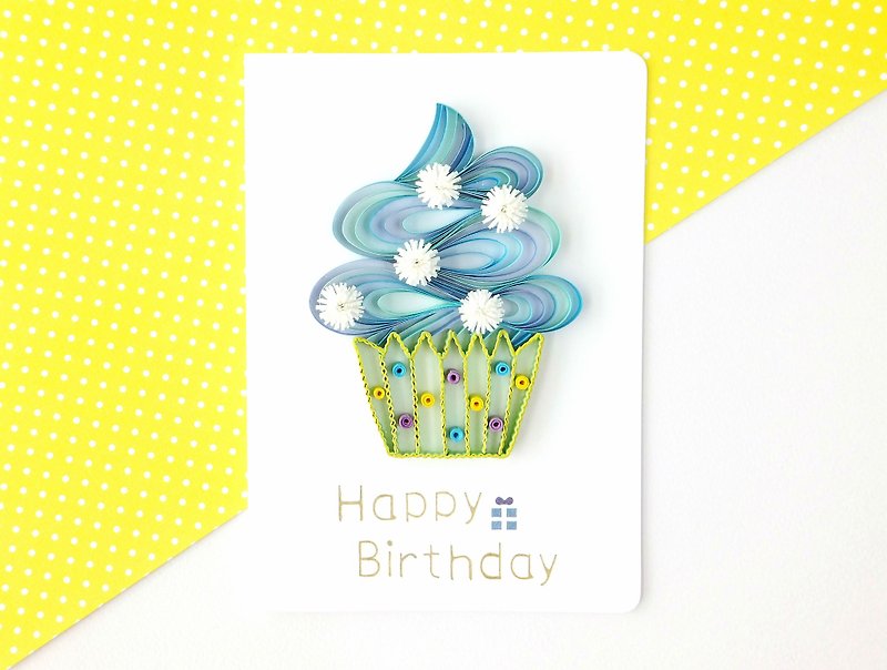 手作りロール紙カード-お誕生日おめでとう夢のようなカラフルなカップケーキバースデーカードブルーグリーン - カード・はがき - 紙 ブルー