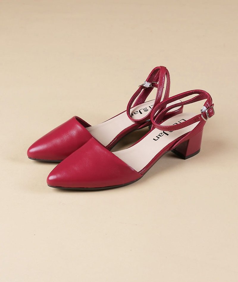 【怦然時刻】優雅繫帶中跟涼鞋_法式莓紅 - 涼鞋 - 真皮 紅色