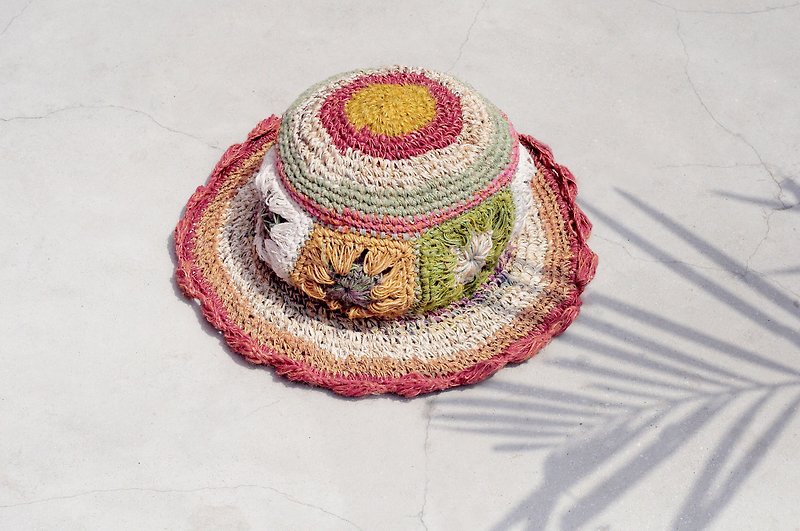 Valentine's Day gift a limited edition of hand-woven cotton Linen cap / knit cap / hat / straw hat / visor / crocheted cap - green forest colorful flowers woven - Hats & Caps - Cotton & Hemp Multicolor