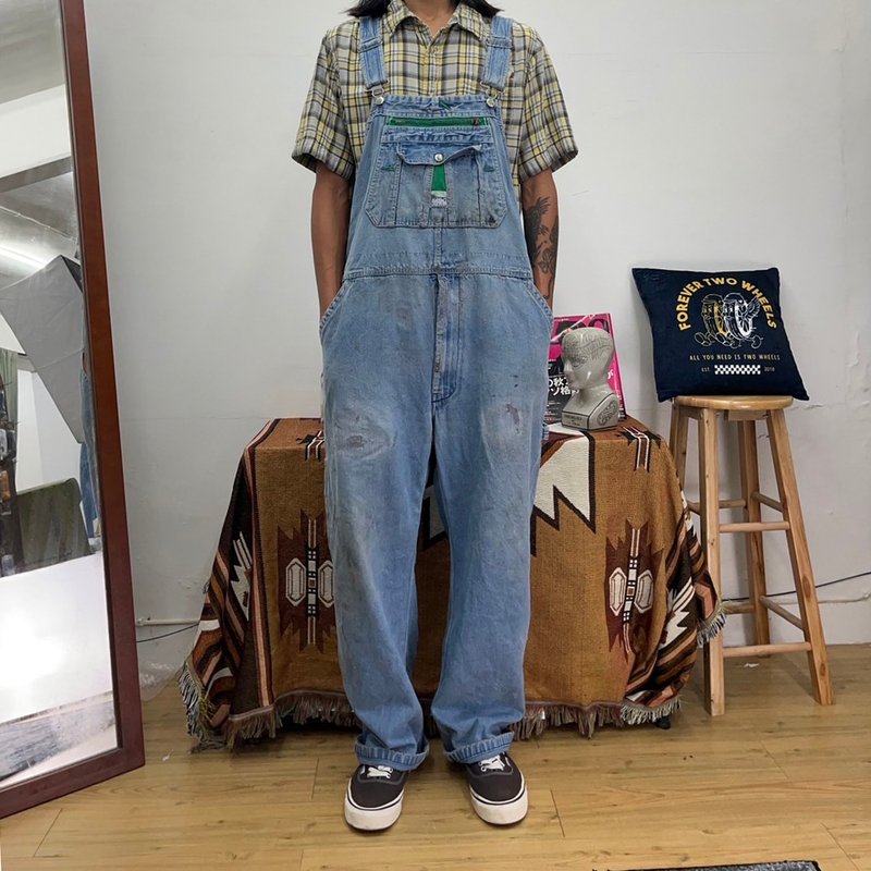 LIBERTY 水洗 淺色牛仔 丹寧 吊帶褲 古著 overalls 二手 破壞 - 男長褲/休閒褲 - 棉．麻 藍色