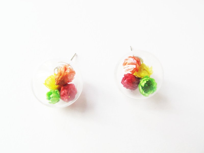 * Rosy Garden * color daisies dried flower crystal ball earrings interchangeable clip-on - ต่างหู - แก้ว หลากหลายสี