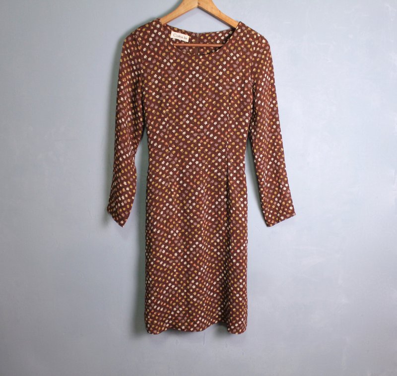 FOAK vintage brown small floral pleated dress - ชุดเดรส - วัสดุอื่นๆ 