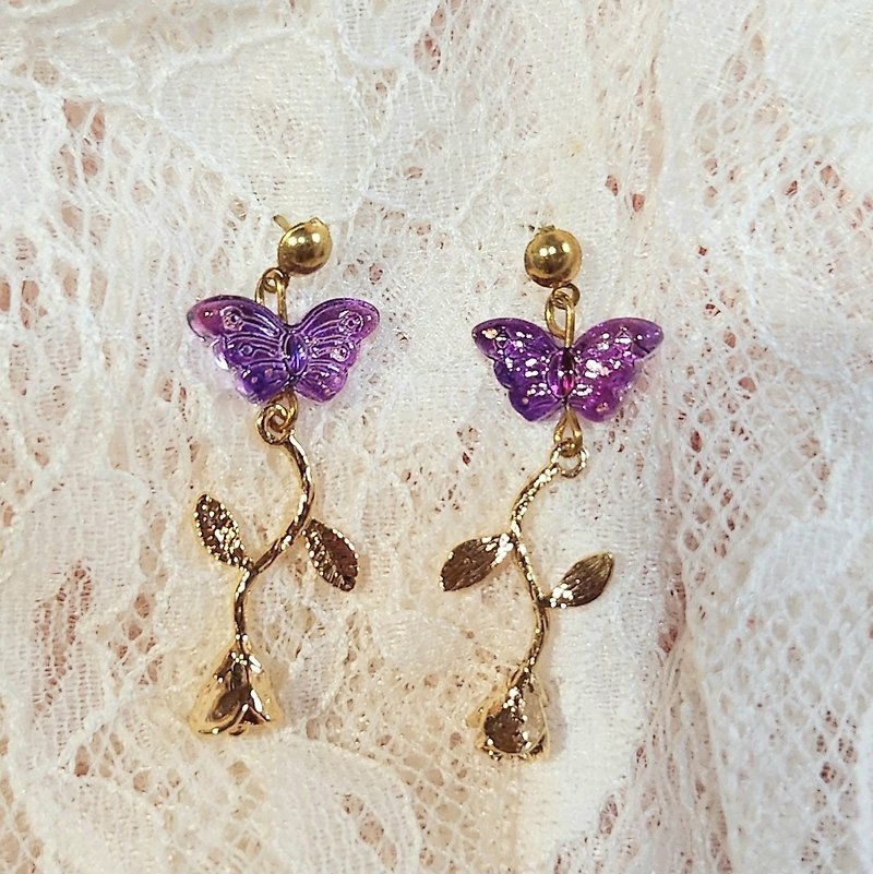 [Graduation Gift] [Full Purchase Discount] Czech Bead Bronze Electric Gold Earrings (can be changed into Clip-On) - Earrings & Clip-ons - Copper & Brass Purple