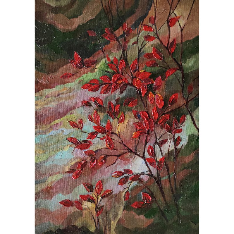 Red Leaves Painting Fall Original Art Oil Painting Fall Leaf Art Autumn Wall Art - โปสเตอร์ - วัสดุอื่นๆ สีแดง