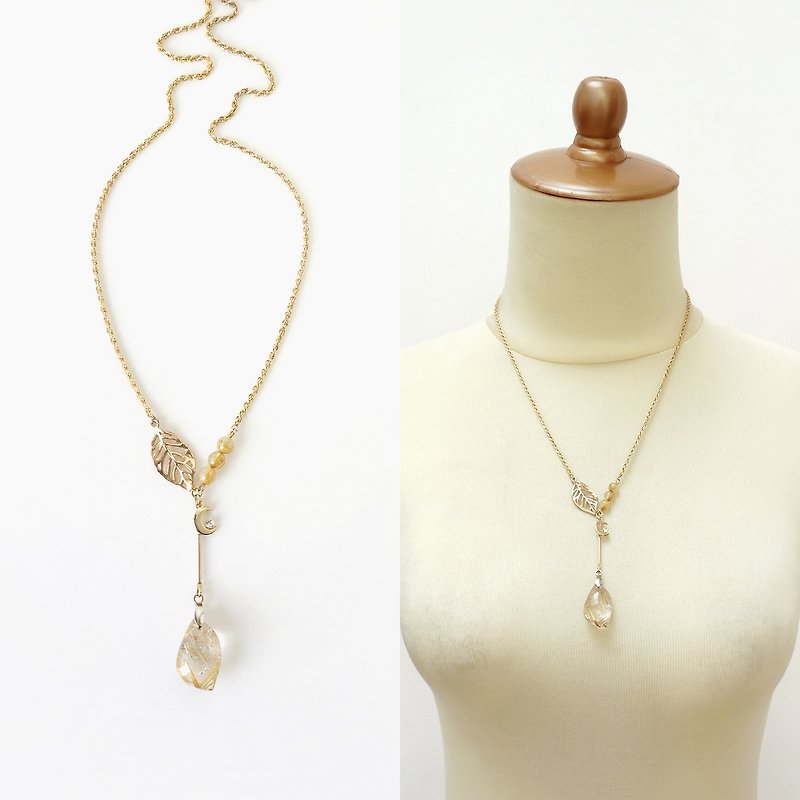 High Quality Gold Rutilated Quartz Crystal Pendant Y-Style Necklace - สร้อยคอ - คริสตัล สีทอง