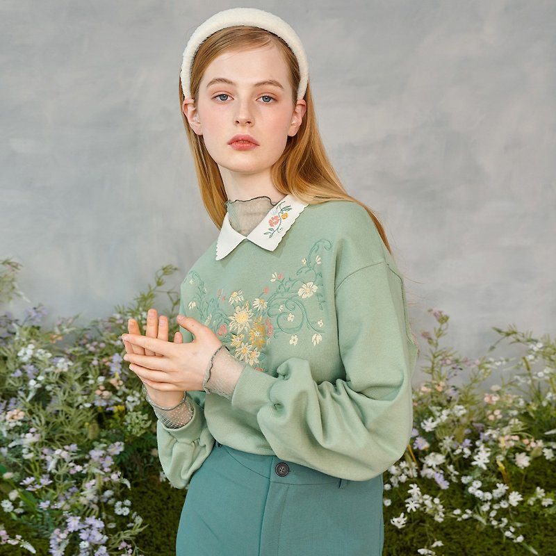 棉．麻 女上衣/長袖上衣 綠色 - Flower Embroidered Collar Sweatshirt